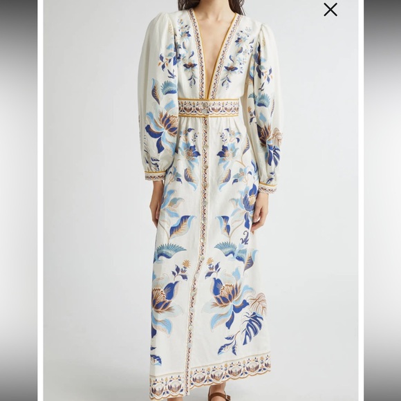 Farm Rio Dresses & Skirts - Farm Rio Mystic Blue Lotus Placed Print Long Sleeve Linen Blend Maxi Dress